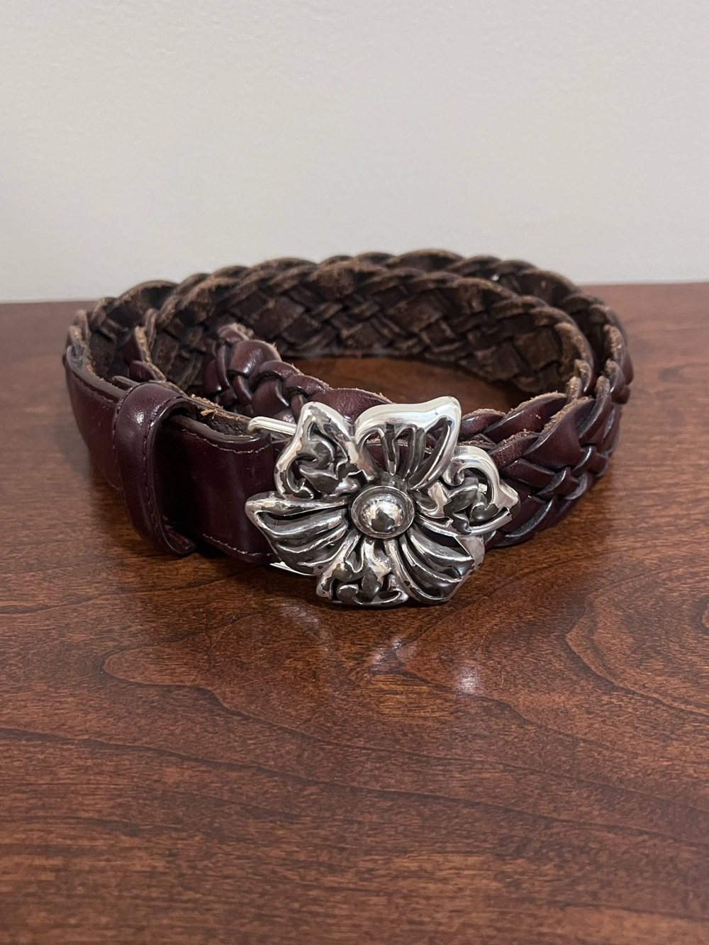 Brighton Braided Brown Leather Belt with Silver Floral Buckle Size 30